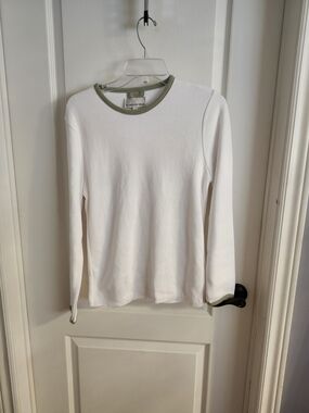 White Long Sleeve Top with Olive Trim
